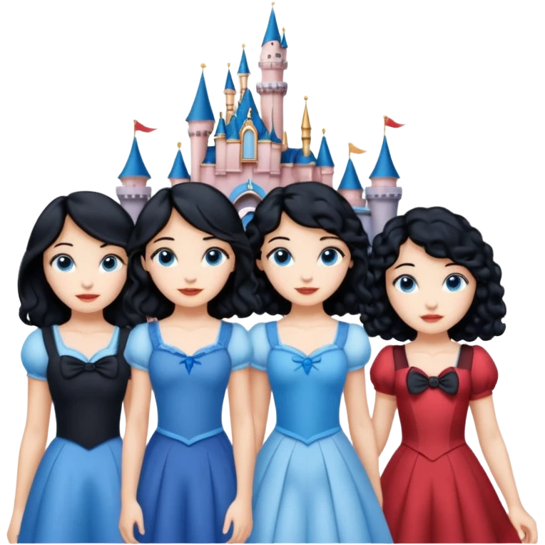 escribe el nombre Disneyland Paris y para titulo, pon a quatro chicas: una pelo corto negro, una pelo rizado largo, una pelo largo liso y la otra pelo ondulado mediano, esta con el ojos azules. Todas tienen piel carne y pon las chicas por los sitios después del nombre emoji