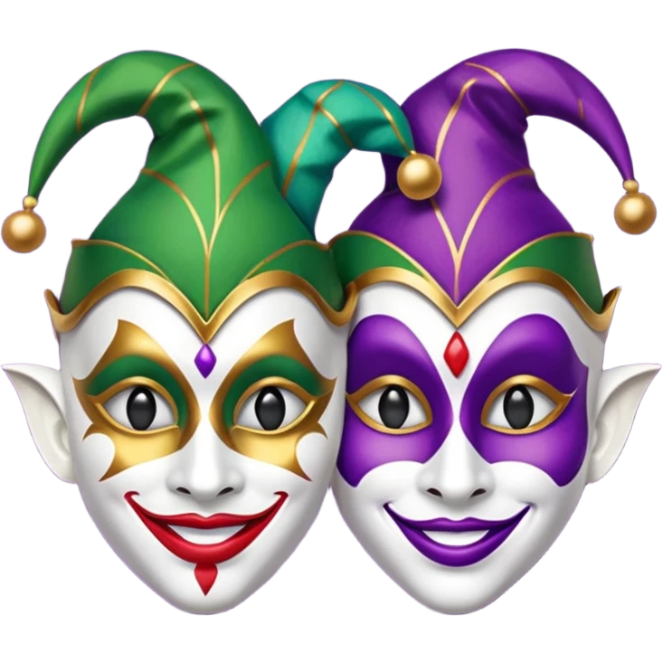2 jesters masks for mardi gras in purple gold and green like this as the outline: 🎭 emoji