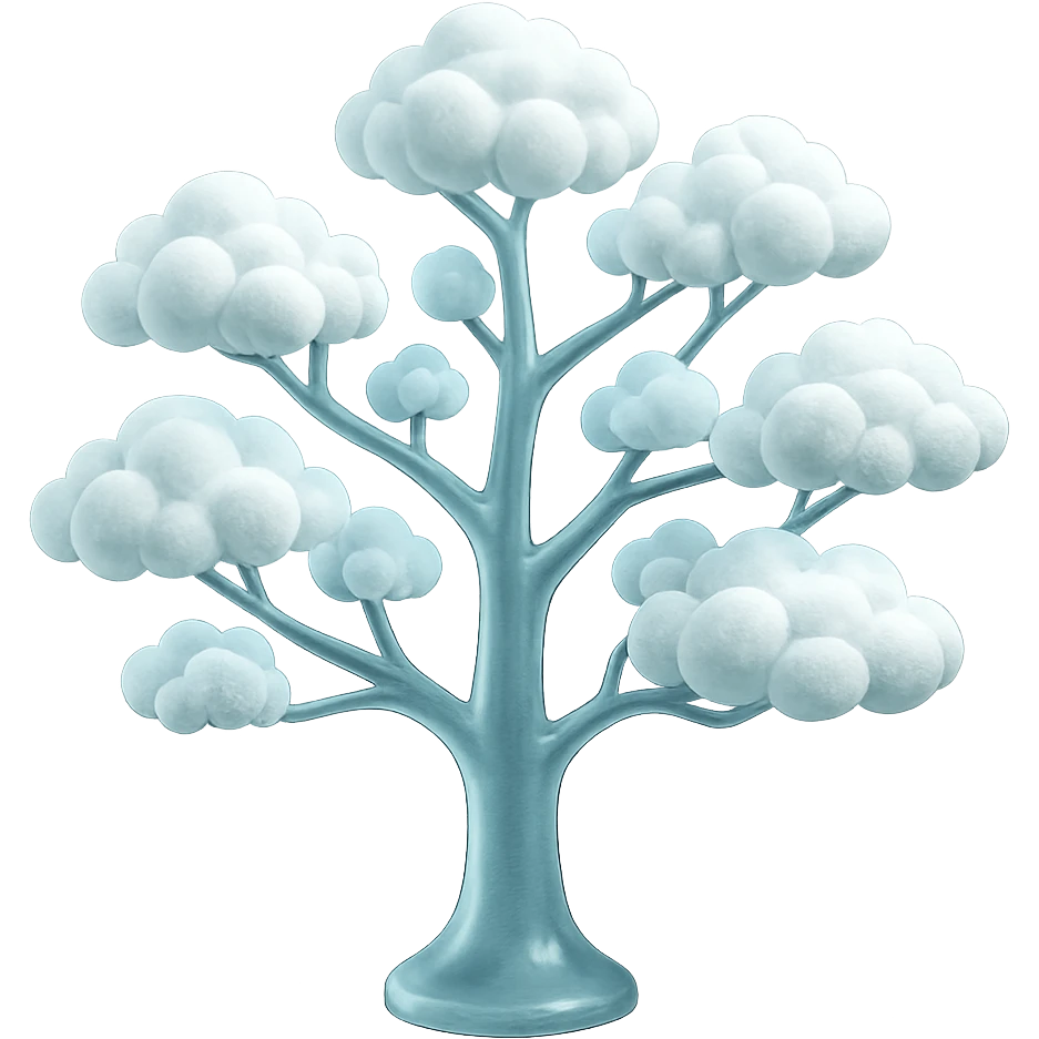 one tree with many branches, each branch covered with small, very bright white, saturated color, fluffy convex clouds, matte glass style, transparent background emoji