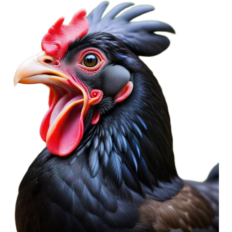 Cinematic Cute Yawning Black Chicken Portrait Emoji, Head tilted slightly with a dramatic, wide-open yawn, showcasing a soft, glossy black plumage with subtle hints of iridescence and a distinctive red comb, floppy wings slightly drooping, round beady eyes barely open in drowsy contentment, Simplified yet irresistibly adorable features, highly detailed, glowing with a soft, cozy glow, high shine, relaxed yet expressive, stylized with a touch of whimsy, bright and endearing, soft glowing outline, capturing the essence of a sleepy yet affectionate chicken, so drowsy it feels like it could stretch out of the screen and curl up for a nap! emoji