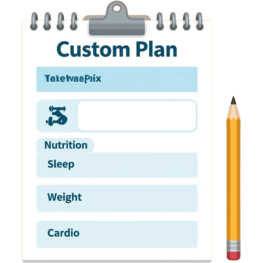 A gym workout plan, with a pencil in the corner and titled "Plan personnalisé" should clearly state the following: 
Exercice
Alimentation
Sommeil
Poids
Cardio emoji