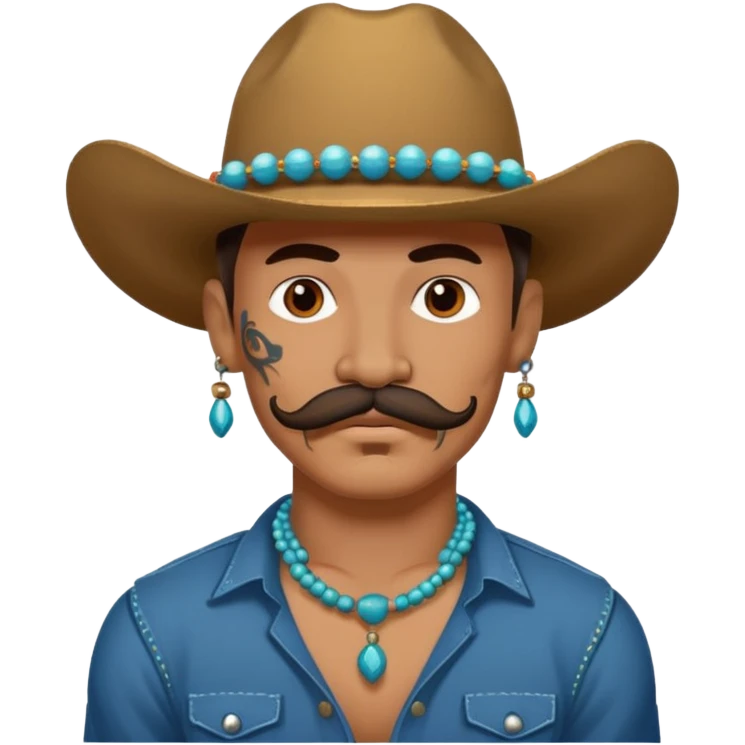 mustached cowboys with tattoos on face and bead emoji