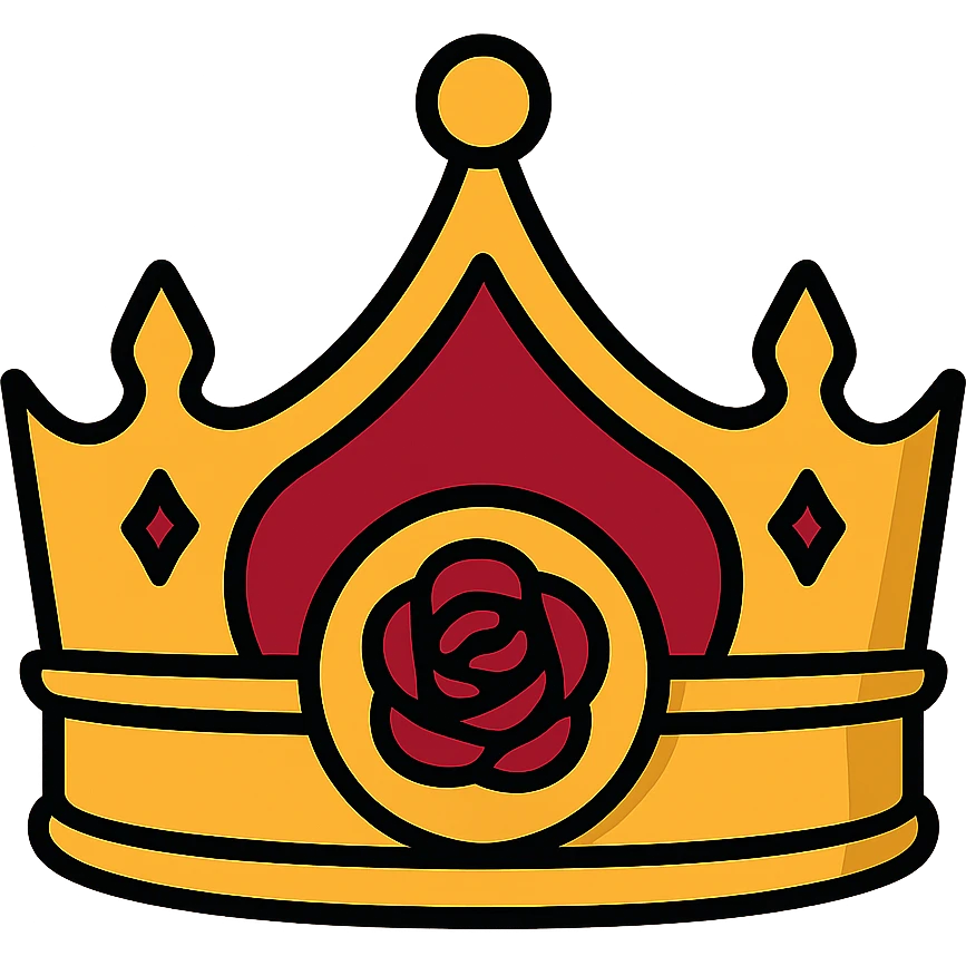 A queen level golden fantasy tiara-crown. The crown is golden and velvet crimson color shaded, and dark rose is engraved in the ring of the crown. Ultra Realistic. Detailed design. Amazing details. emoji