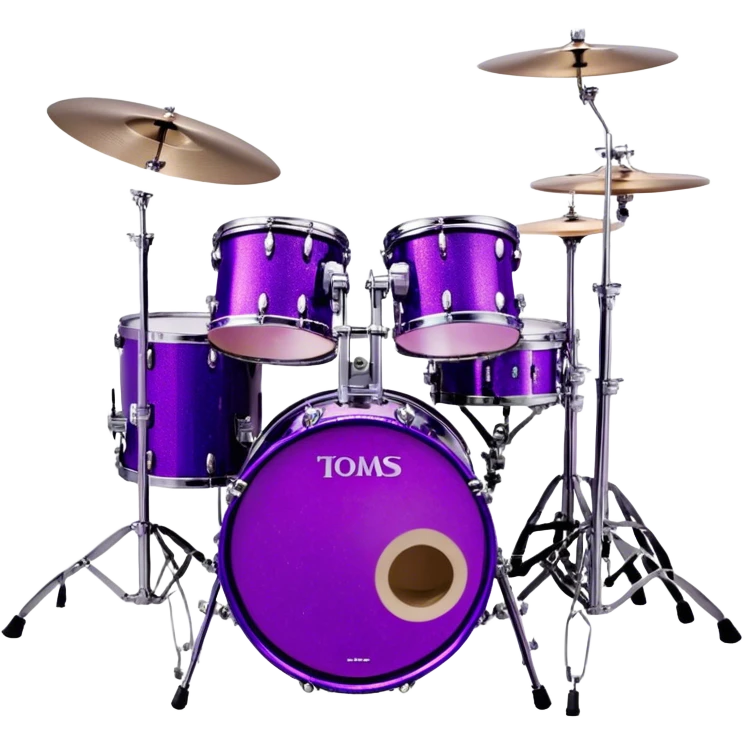 Create a bold and striking emoji representing Lars Ulrich’s Tama Starclassic drum kit. The design should feature a glossy, purple drum set with sparkling glitter accents, showcasing the bass drum, snare, toms, and multiple cymbals. The drums should have a polished, shiny surface, emphasizing the gleaming purple color with a metallic sheen. Add subtle details like sound waves or musical notes emanating from the kit to symbolize the intense rhythm and power of Lars' drumming. Use a mix of deep purples, silvers, and chrome finishes to reflect the signature look of the Tama Starclassic. The background should be transparent. emoji
