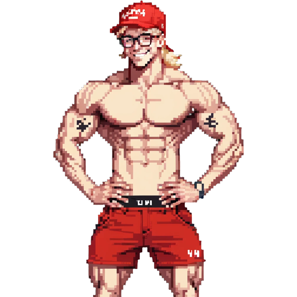 Skinny man with muscular definition, black and white cap with VANOMAS text, bare torso, red shorts, clear glasses, messy light blond hair, flexing muscles and smiling emoji