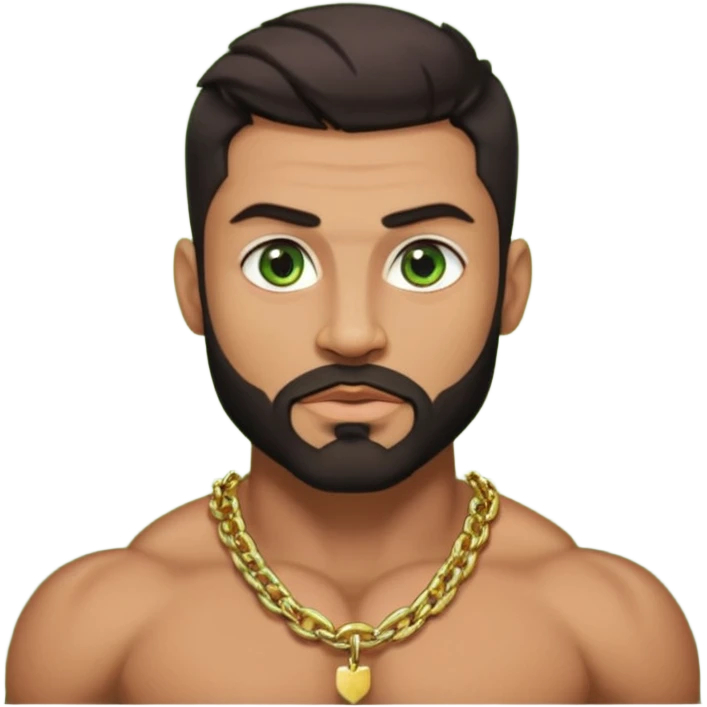 green eyes, dark short hair, muscular shoulders, wide cross, gold chain, big lips big nose big eyes, masculine good looking, dark beard emoji