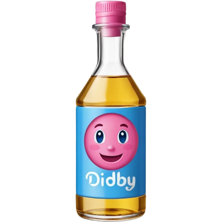 Smiling bottle of oil blue top pink outside with logo that says Diddy oil emoji