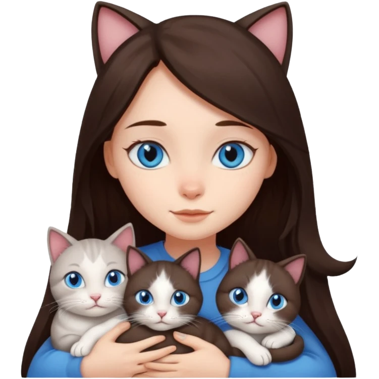 a girl with long dark 
brown hair, with blue eyes, hugs 3 different natural coloured cats emoji