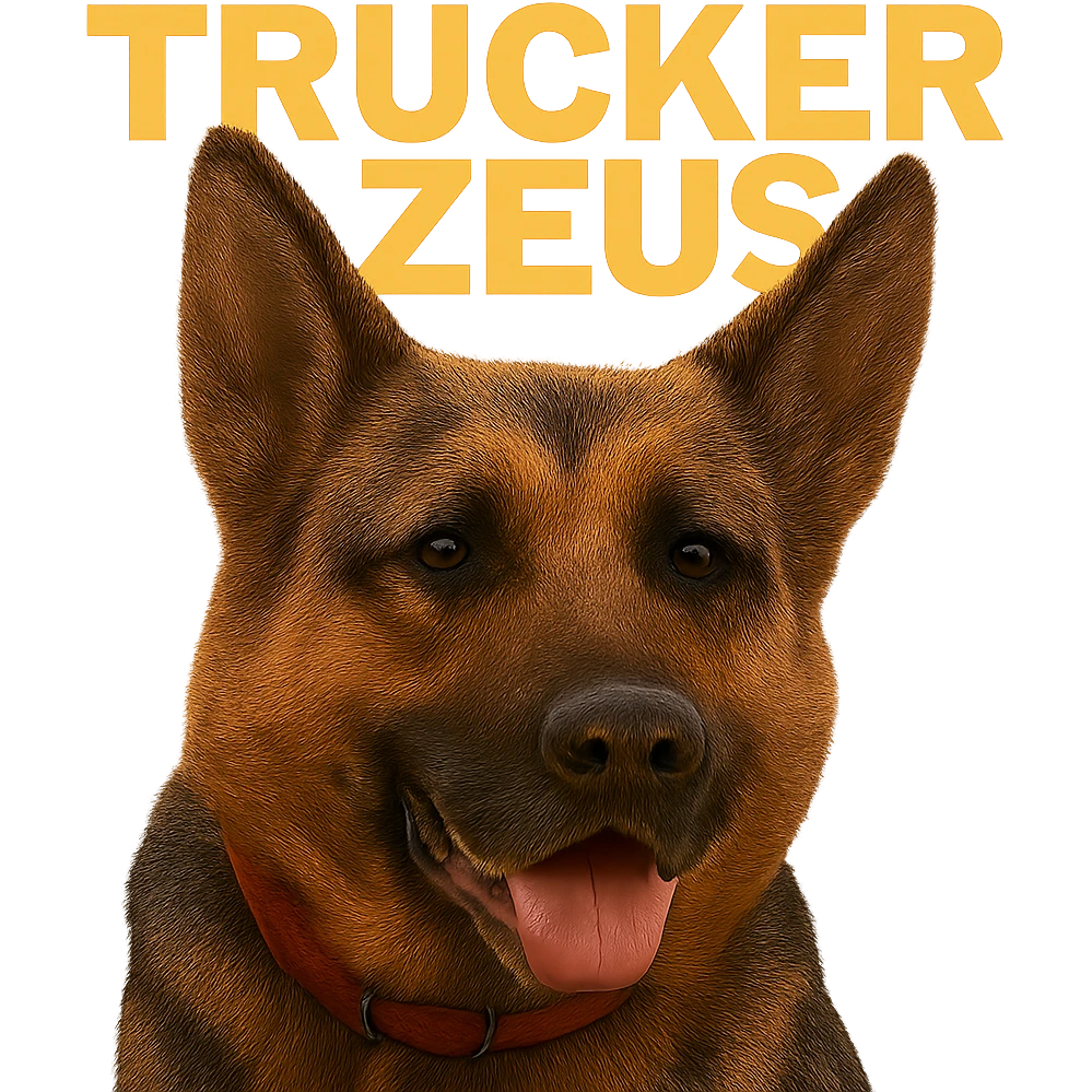 Make the image background transparent while keeping the realistic German Shepherd and the yellow 'Trucker Zeus' text intact. Ensure the file size is under 1MB. emoji