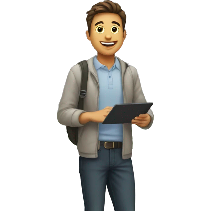 guy in front of universtity with computer in hand emoji