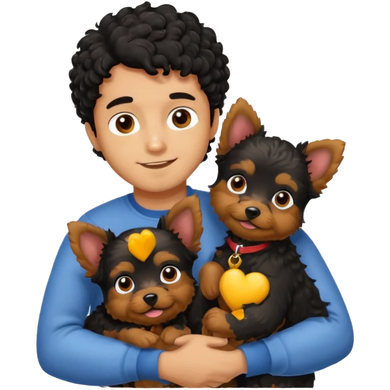 Young man with little brown skin, black curly hair, cheerful dark brown eyes, hugging two Yorkie dogs golden emoji
