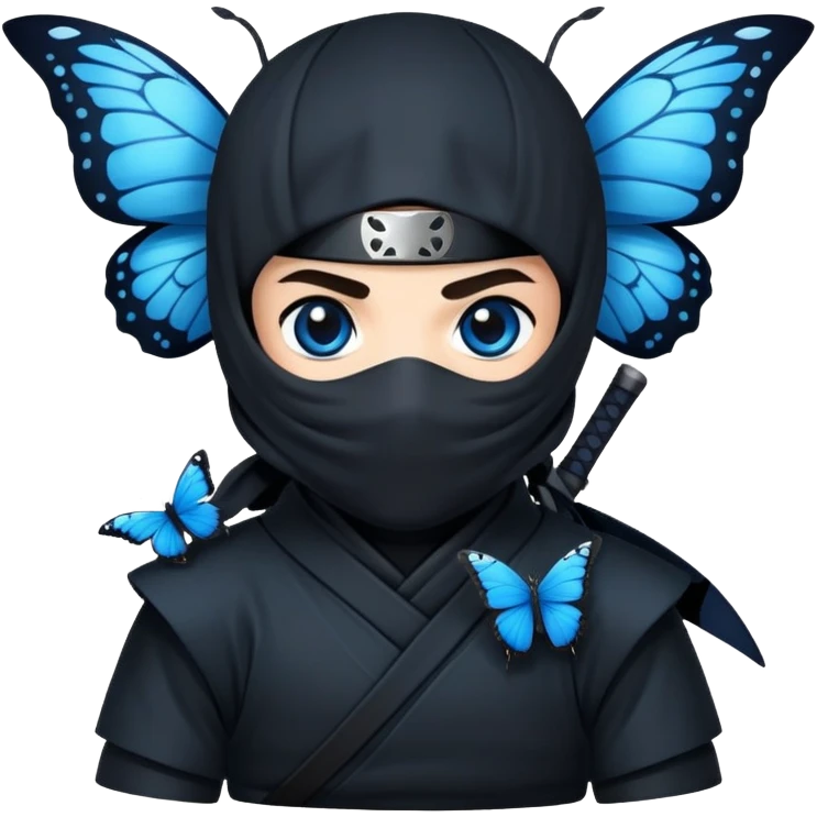 Crea un emoji para usar en WhatsApp con estos dos emoji 🥷🏻 🦋.
Ninja vestido de negro con ojos negros y con la piel blanca y una mariposa azul posada en su hombro izquierdo como si la mariposa estuviera volando en el hombro. emoji
