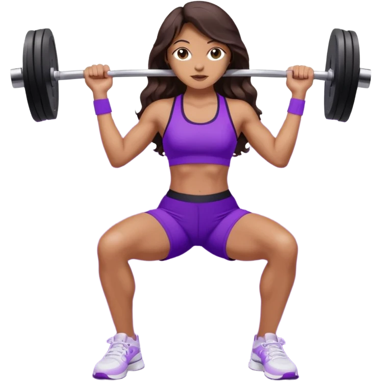 mujer de tez trigueña, con cabello castaño oscuro ondulado no muy marcado, hasta la cadera super largo estilizado, con ropa deportiva morada/lila, tenis blancos deportivos y levantando una pesa emoji