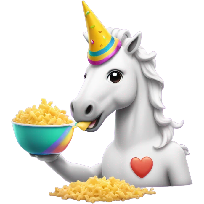 Unicorn eating Mac n cheese with a party hat emoji
