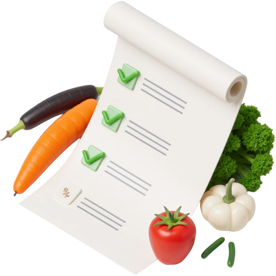 floating rolled paper list with green checkboxes and around vegetables emoji