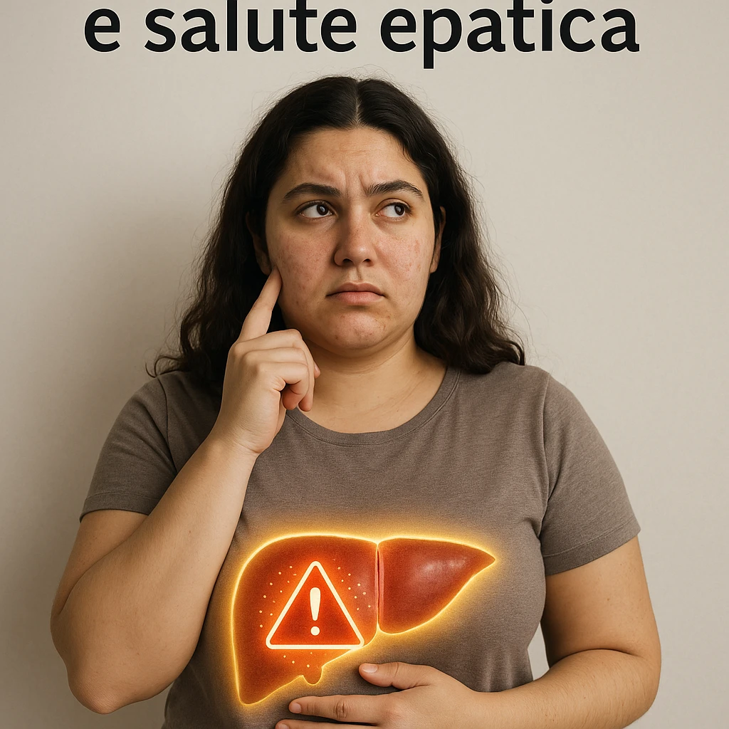 realistic illustration of a woman with PCOS, liver area highlighted with glowing halo and alarm symbol, thoughtful expression, neutral background, Italian text: 'PCOS e salute epatica', 4K quality emoji