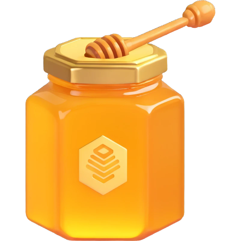 3D emoji style honey jar, hexagonal shape, golden honey, simple and expressive emoji