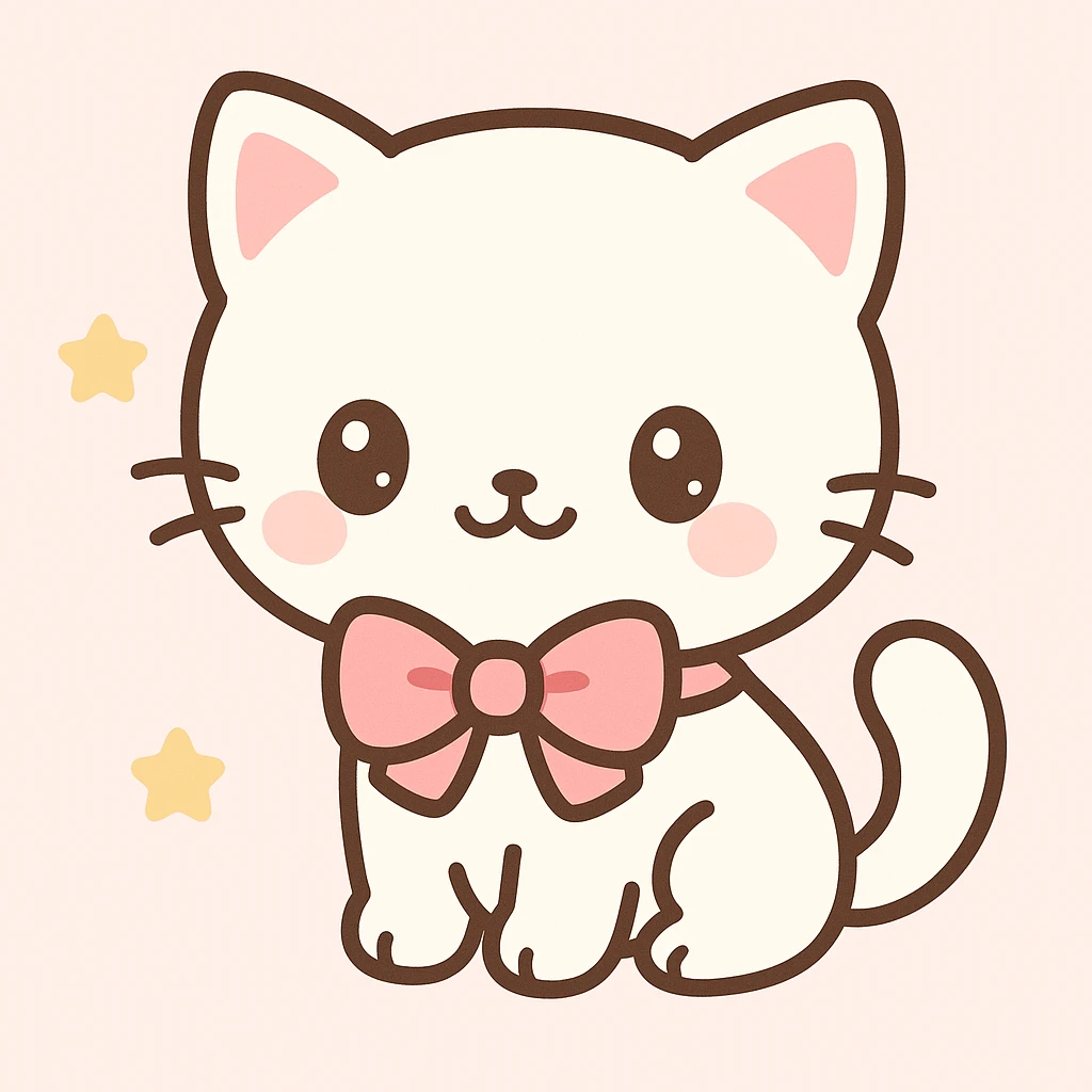 cute fluffy white kitten with a light pink bow, kawaii style emoji