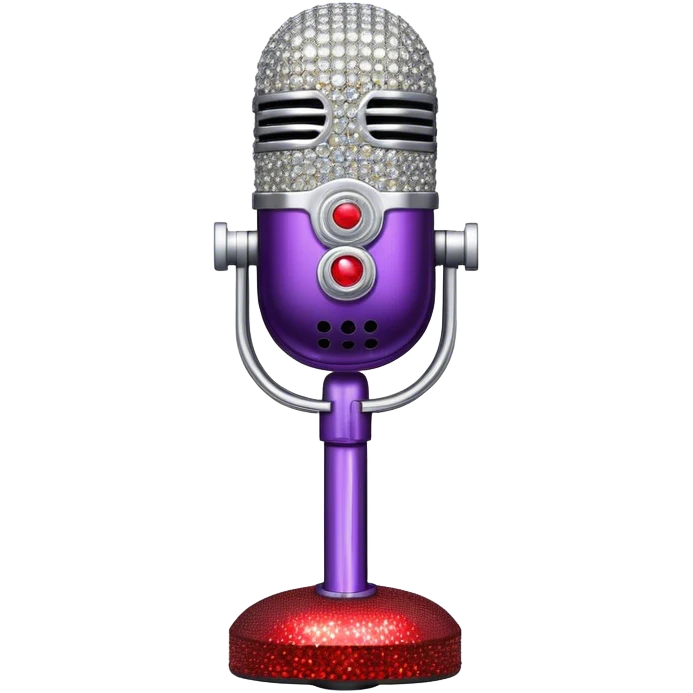 Create a glamorous and vibrant emoji representing stage vocal performance. The design should feature a humanless collage of classic vintage microphone, stage costume covered in rhinestones, large scene speakers, scene lights. The costume should be stylized, with glittering elements like sequins and sparkles, and reflect the glitzy, extravagant nature of show business. The microphone should have a sleek, retro look with chrome or metallic accents. Use rich, dazzling colors like gold, silver, deep purple, and bright red to evoke the glamorous, larger-than-life feel of a stage performance. The background should be transparent. emoji