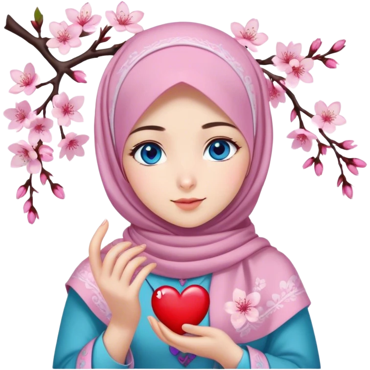 Turkish beautiful finish Konya girl blue eyes with cherry blossom flower lila design hijab and hold heart in her hand  emoji
