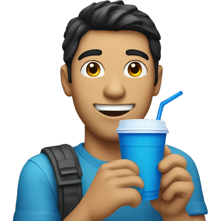 smiling man with black hair holding a blue plastic cup with a yellow straw emoji