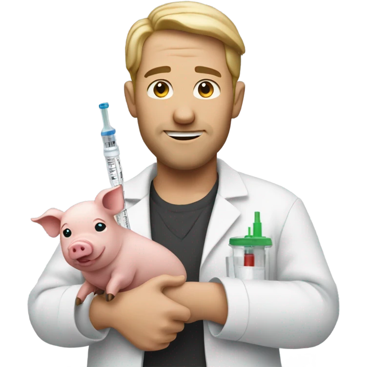 Man holding a pig on one hand and injection on the other hand emoji