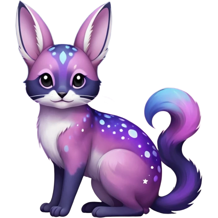 Colorful black-violet-indigo-purple-pink-gradients nebulae nebula white stars-sparkles-markings galactical shiny white-stars-spotted glorious iridescent divine exotic cute cool beautiful realistic Meloetta-caracal-civet-sergal-bunny-oncilla-animal-Fakémon-hybrid-fursona (full body) emoji