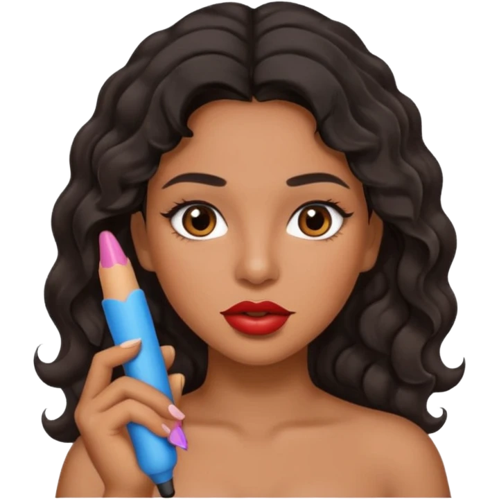 Latina girl with lip liner on her lips and black wavy hair holding a dick emoji