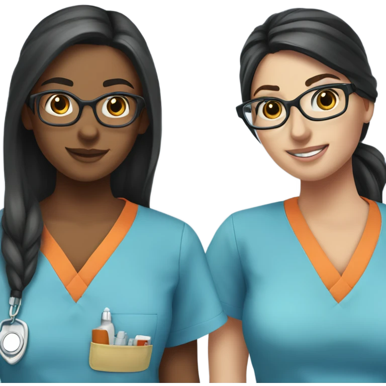 Best friend nurses in blue scrubs one has glasses with long black hair in a pony tail, the other has long dark brown hair with freckles emoji