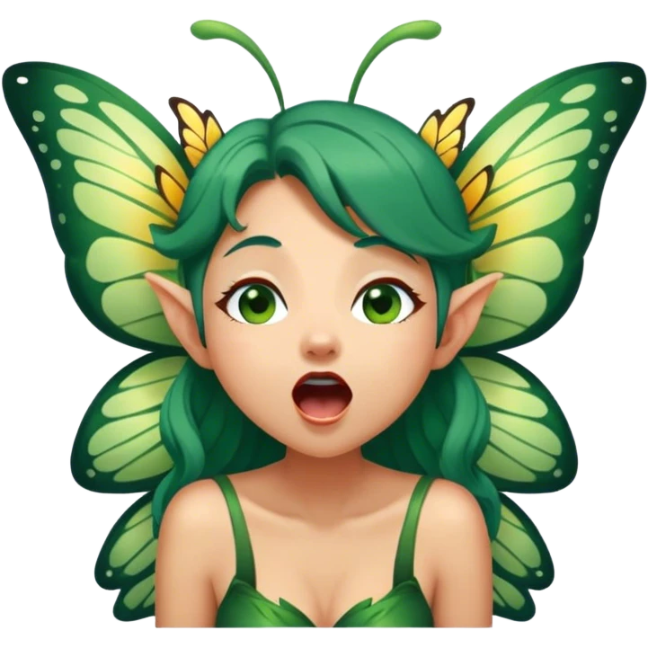Cinematic Realistic Forest Fairy Portrait, head tilted slightly with a dramatic, wide-open yawn, revealing a tender, relaxed visage with finely detailed tanned skin and flowing, vine-adorned dark green hair gently framing her face. Her sleepy eyes exude a serene, dreamlike quality as soft natural sunlight filters through the canopy, showing her large butterfly wings from her back capturing the essence of a drowsy yet captivating forest drifting into peaceful slumber. emoji
