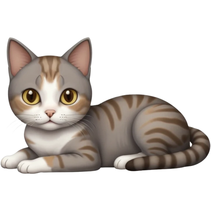 full body tiny short hair dark grey and 3/4 white cat with hazel eyes lying down emoji