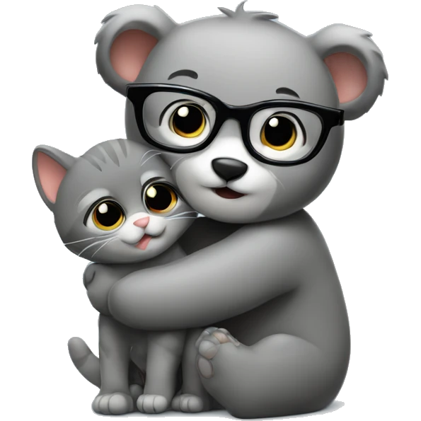 a bear cub in glasses hugs a gray cat emoji