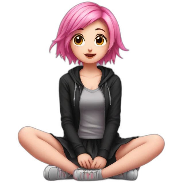 Full body Front view curvy emo girl pink hair sits on the floor straight view hands up black skirt полосатые рваные чулки emoji