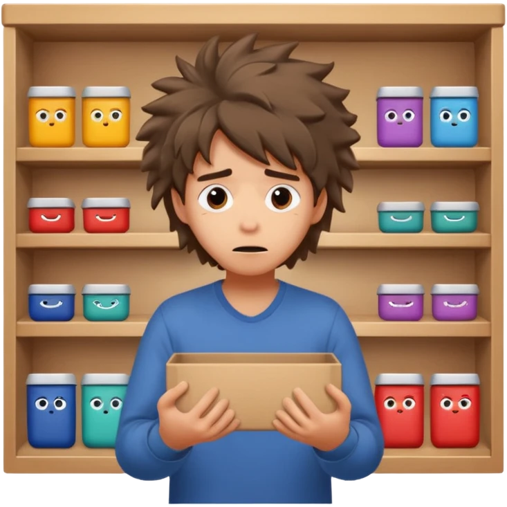 verzweifelte Person sucht in einem Regal, ausdrucksstarkes Gesicht, Hände durchsuchen Regalfächer, Emotion: Verzweiflung emoji