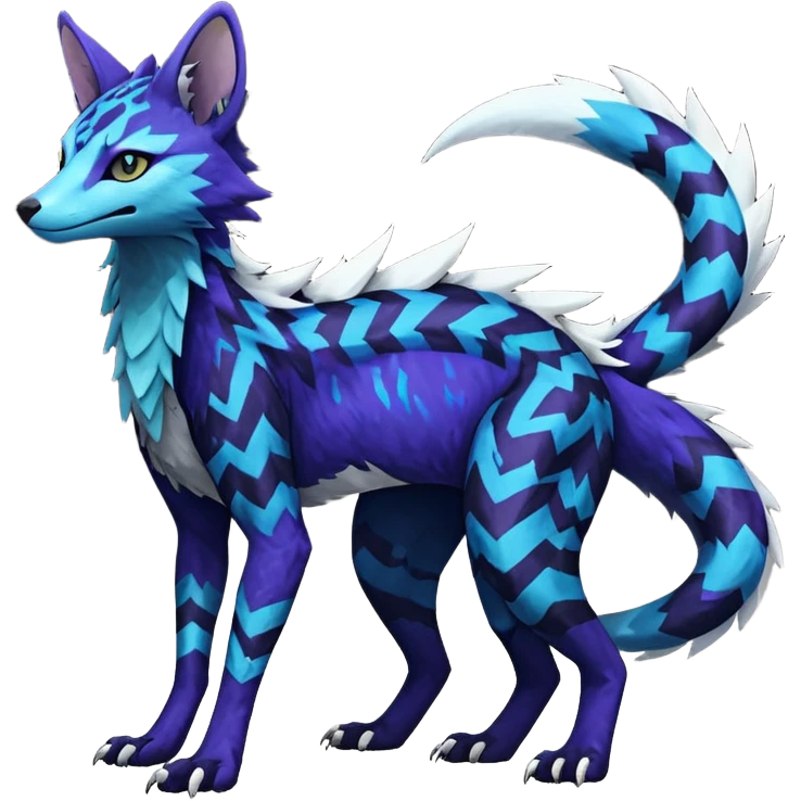 starry sparky fizzy Black-Dark-Vortexed Lightning-strike-zig-zag-patterned striking indigo-violet-blue-cyan-gradiented with dark undertones, white underside, thunderous stormy edgy badass realistic Vernid-Sergal-Genet-Trico-species by LiLaiRa, random markings, tufted tail, tufted ears, full body emoji