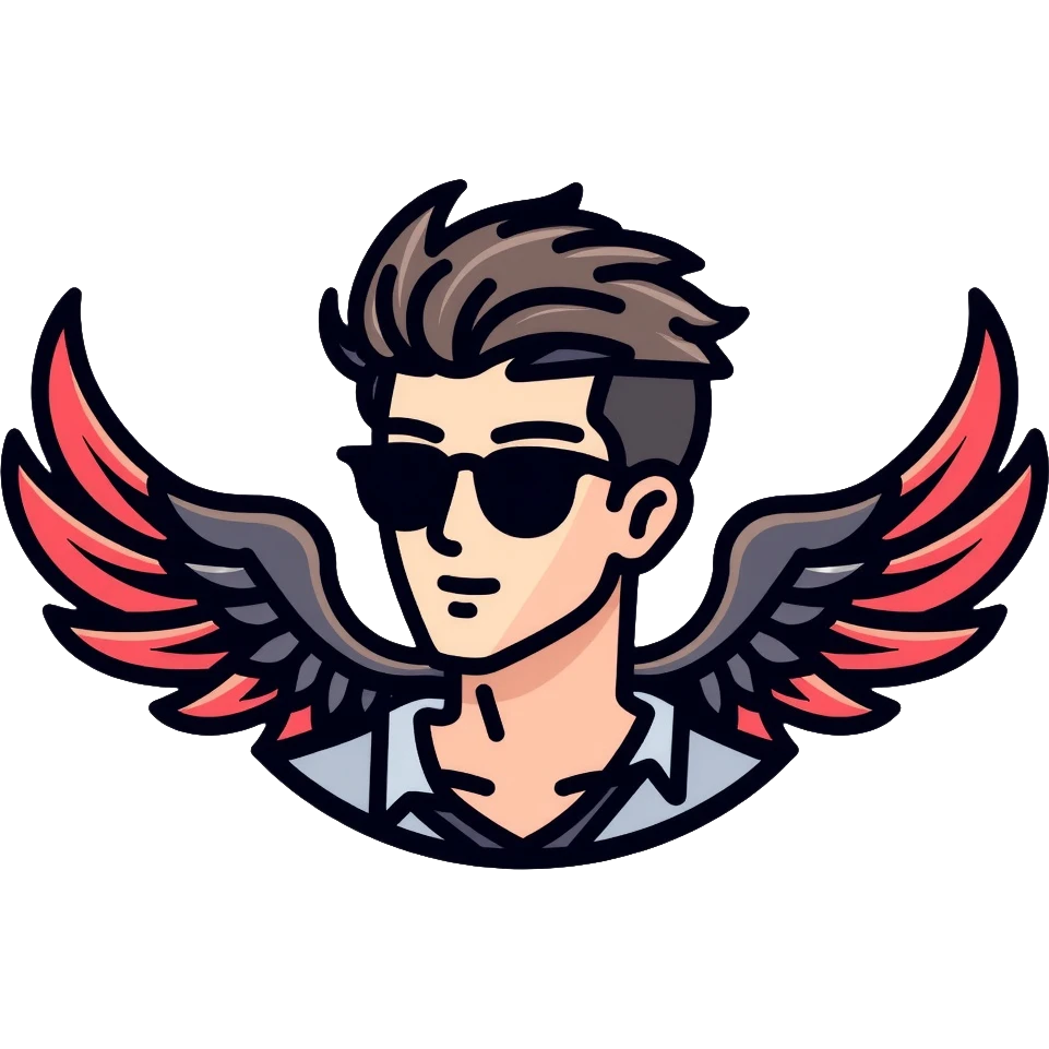 short-haired man with black sunglasses and wings emoji