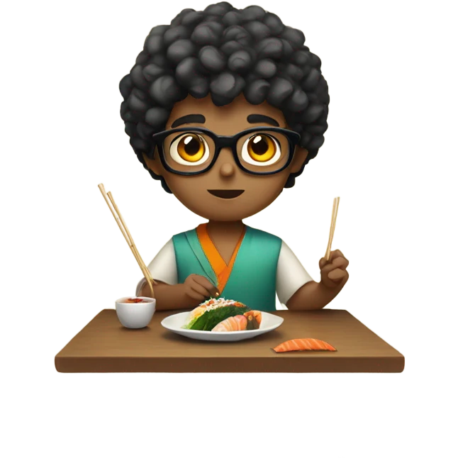 curly short haired indian boy with glasses eating sushi emoji
