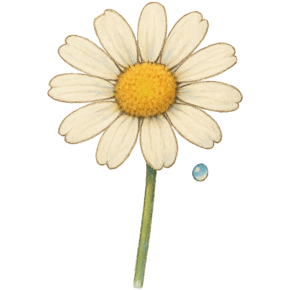 a single white daisy flower, Japanese hand-drawn soft pastel, full object, transparent background, with a tiny dew drop emoji