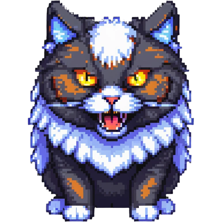 fierce fluffy cat with glowing eyes and snarl emoji