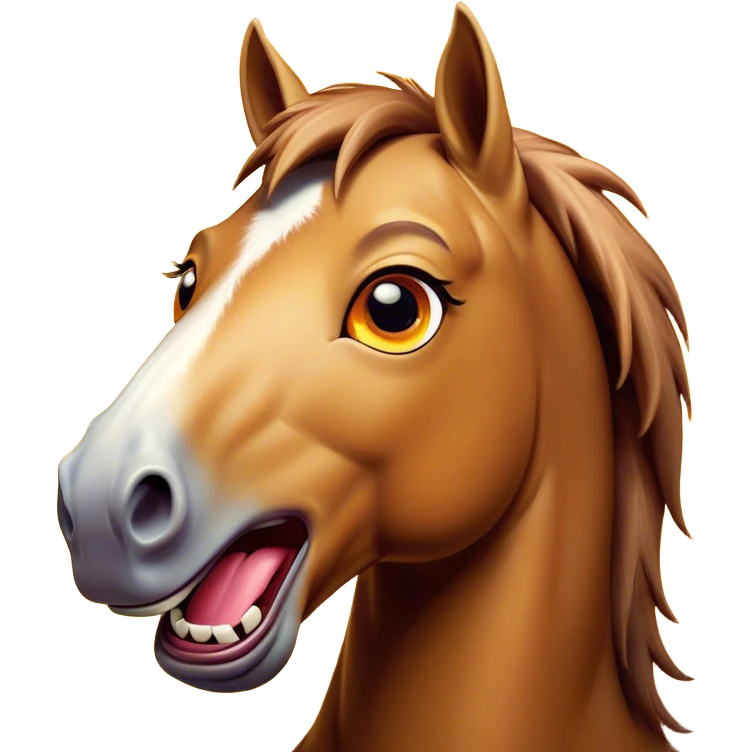 Cinematic Comical Bay Horse Portrait Emoji, Head tilted dramatically with an exaggeratedly amused expression, featuring a striking bay fur with a glossy finish and bold accents, wide, expressive amber eyes filled with playful disbelief, Simplified yet hilariously expressive features, highly detailed, glowing with a slightly sassy glow, high shine, dramatic yet playful, stylized with an air of cheeky mischief, bright and endearing, soft glowing outline, capturing the essence of a spirited and over-the-top horse, so meme-worthy it feels like it could side-eye its way into internet fame instantly! emoji