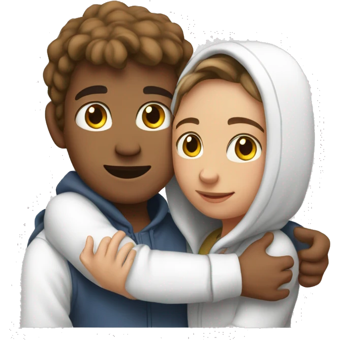 An emoji of a man wearing a white hoodie, standing next to his sister. He is hugging her warmly, showing a close sibling bond emoji