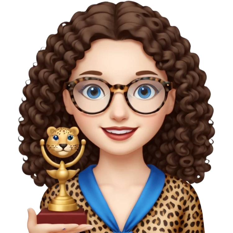 A girl with white pale skin, blue eyes, full lips, brunette LONG curly hair. She has a leopard print round-ish shaped glasses. She is wearing a white plain silk dress. She is holding an award and happy emoji