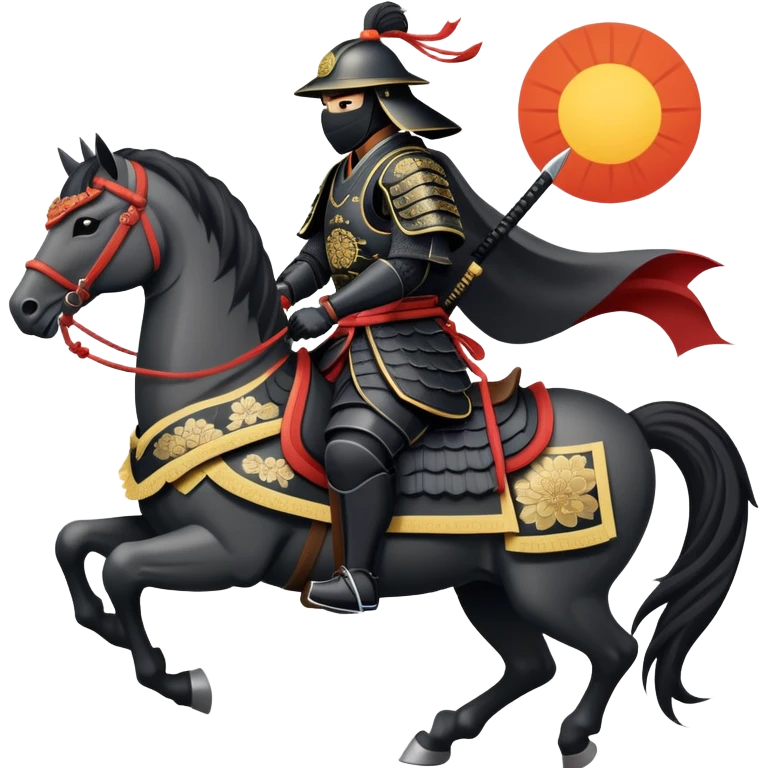 clash-of-clans-aesthetic_-cinematic-fearsome-and-majestic-samurai-bust-portrait-emoji, rendered in a flat, vector-style with minimal shading and bold, simplified shapes typical of emoji art, depicting a battle-hardened samurai with black mask and traditional black Japanese armor. The samurai is riding a noble grey warhorse adorned with an intricately designed saddle and fluttering banners and a rising sun. a zoomed insamurai riding on a  horse emoji