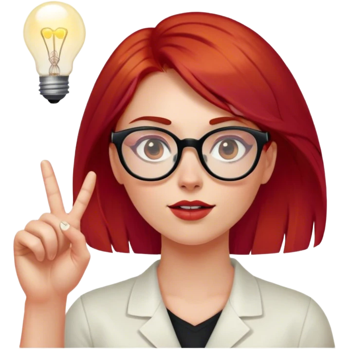 intelligent and clever, 30 year old, girl, red-blood hair, glasses, has an idea and holds her finger in the air, light bulb over the head emoji