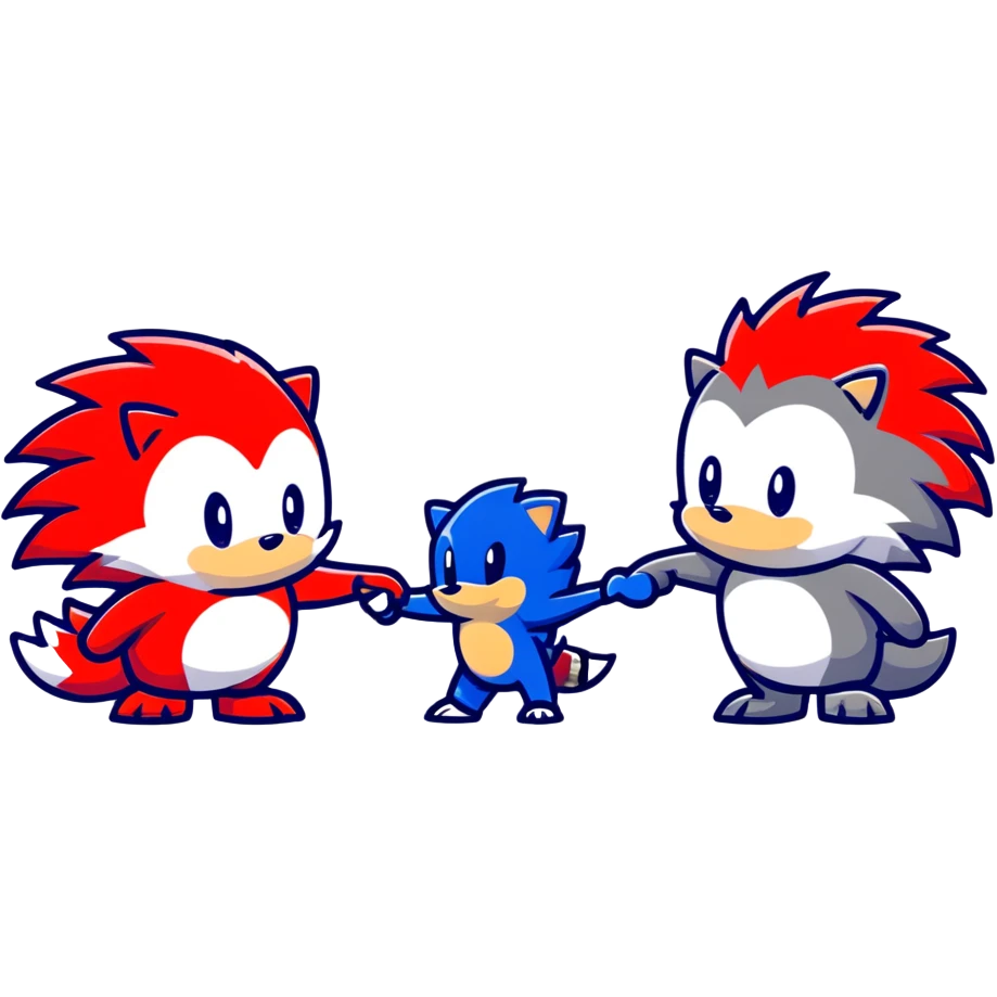 Sonic the blue hedgehog, Shadow the black and red hedgehog, and baby Silver the white hedgehog holding hands together in a line emoji