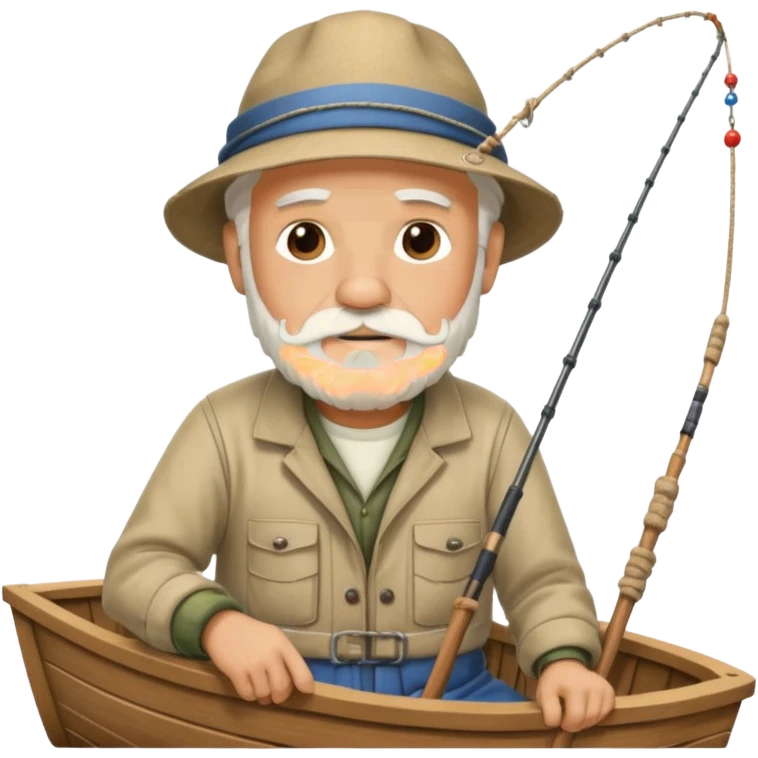 an old white haired, bearded man in fisherman attire, sat in a big boat on the ocean, casting a fishing line into the water emoji