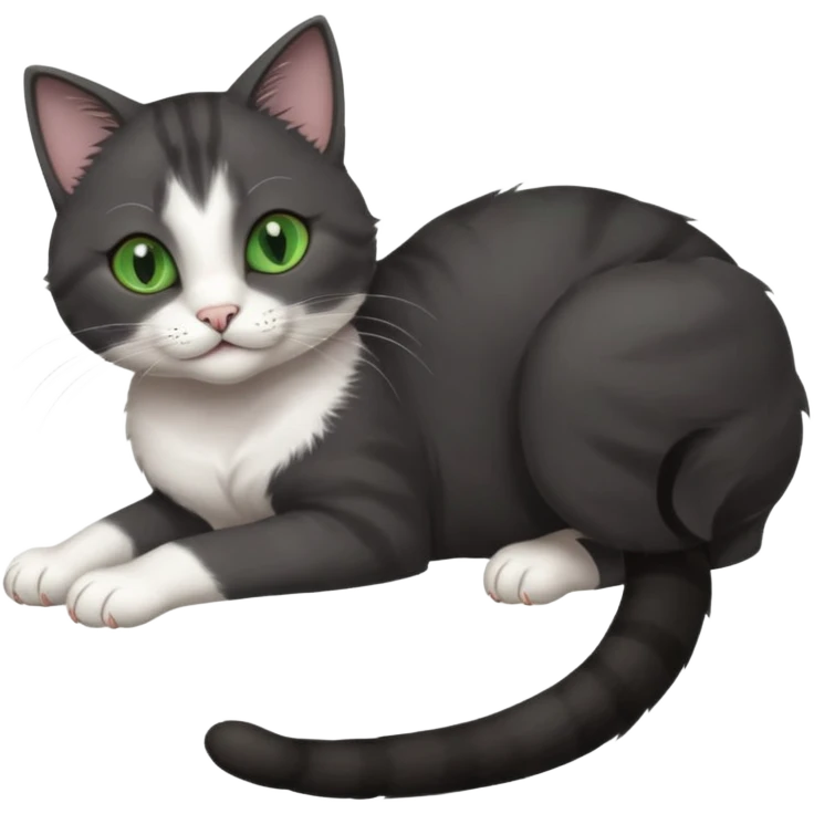 beautiful female solid dark grey cat with green eyes, white toes/paws and white patch on her chest playfully rolling upside down emoji