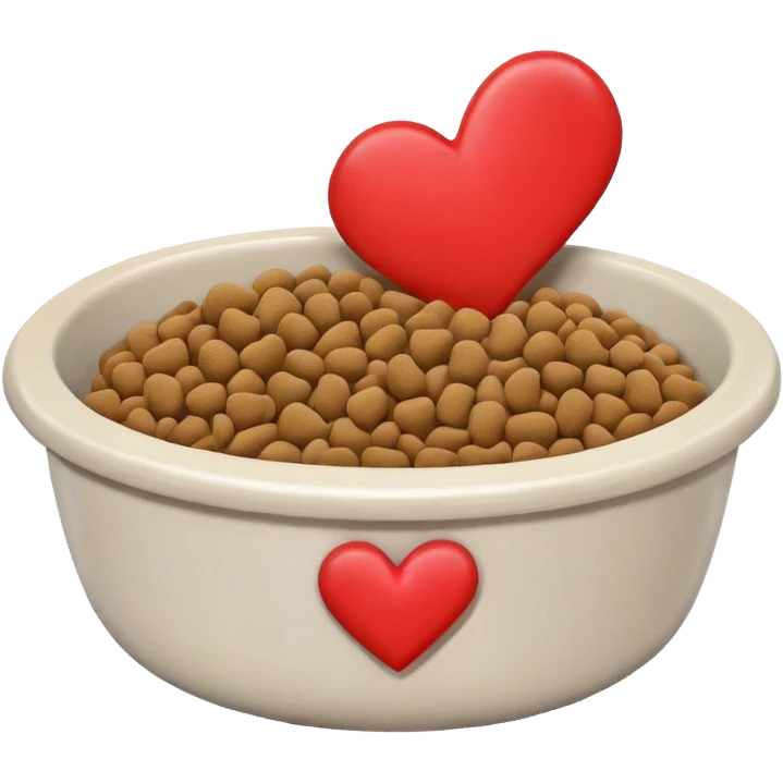 pet food bowl with a heart on the bowl, the food is piled on top of the bowl where it is so full emoji