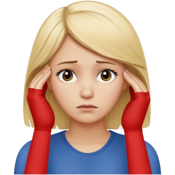 Cewe blonde yang lagi overthingking lalu ada satu tangannya memgang kepala keliatan setengah badan tanganya kosong dan satu aja mukanya banyak pikiran negatif emoji