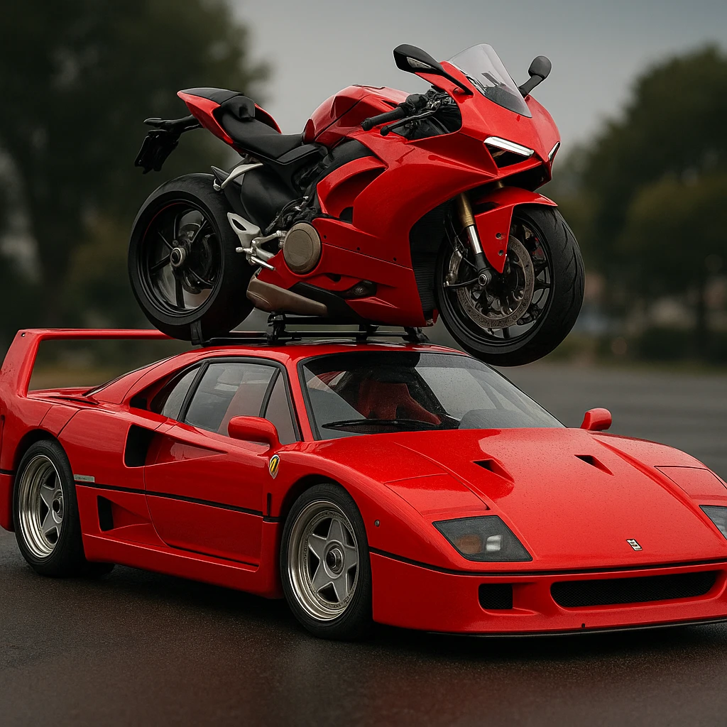 A Ferrari F40 sports car with a red motorcycle on its roof, detailed and dynamic. emoji